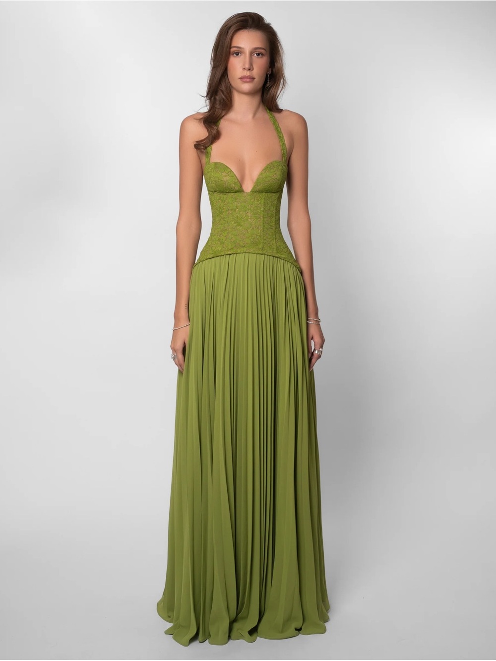 Olive Halter Maxi Dress with Lace Bodice